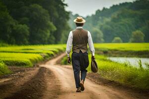 a man in a hat and suit walking down a dirt road. AI-Generated photo