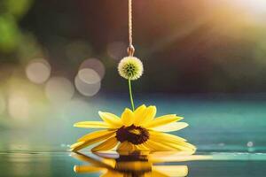 a yellow flower floating in the water. AI-Generated photo