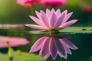 a pink lotus flower is reflected in the water. AI-Generated photo