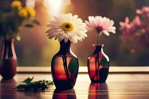 three flowers in red vases on a table. AI-Generated photo