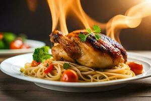 a chicken breast is on fire with spaghetti and broccoli. AI-Generated photo