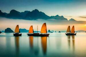 barcos en el Oceano a puesta de sol con montañas en el antecedentes. generado por ai foto