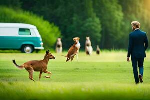 a man in a suit is walking with dogs in the grass. AI-Generated photo