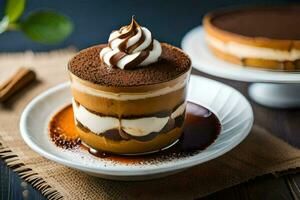 a dessert with chocolate and whipped cream. AI-Generated photo