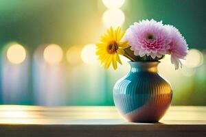 un florero con flores en un mesa en frente de un borroso antecedentes. generado por ai foto