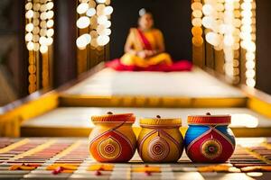 three colorful pots sit on a table in front of a woman. AI-Generated photo