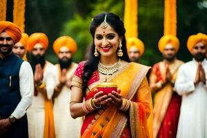 a woman in an indian wedding dress holding a gold box. AI-Generated photo