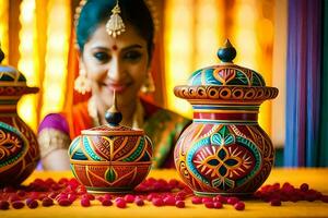 un mujer en tradicional indio atuendo se sienta siguiente a vistoso ollas. generado por ai foto