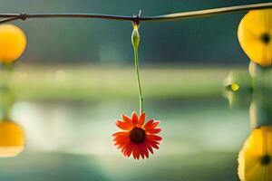 a red flower hanging from a branch over water. AI-Generated photo