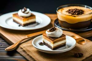 a dessert with coffee and a cake on a table. AI-Generated photo