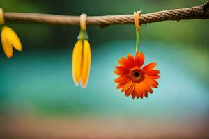 orange flower hanging from a clothesline. AI-Generated photo