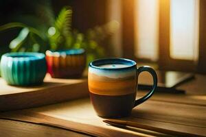 a coffee cup and a wooden table with a plant. AI-Generated photo