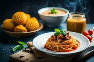 spaghetti with meat and sauce on a plate. AI-Generated photo