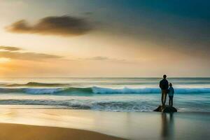 a man and his son stand on the beach at sunset. AI-Generated photo