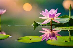 pink lotus flowers in the water with leaves. AI-Generated photo