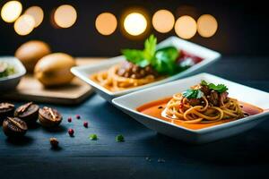 spaghetti with meatballs and nuts on a wooden table. AI-Generated photo