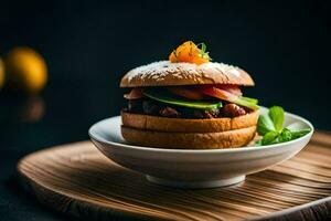 un hamburguesa en un plato con un guarnación. generado por ai foto