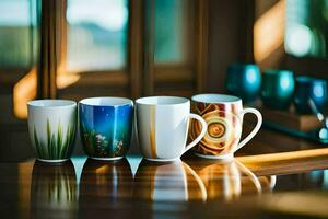 four coffee mugs lined up on a table. AI-Generated photo