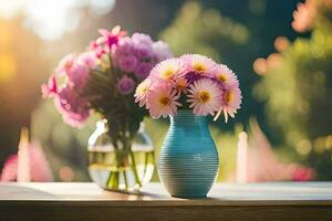 two vases with pink flowers on a table. AI-Generated photo