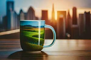 a coffee cup with a cityscape in the background. AI-Generated photo