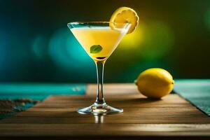 a cocktail with lemon and mint on a wooden table. AI-Generated photo