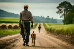 un hombre caminando su perro abajo un suciedad la carretera. generado por ai foto