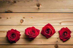 Tres rojo rosas en un de madera antecedentes. generado por ai foto