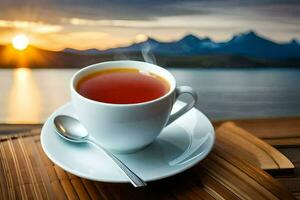 un taza de té en un de madera mesa con un ver de el montañas. generado por ai foto