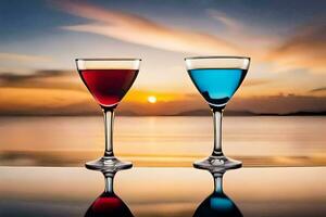 two glasses of red and blue liquid sitting on a table in front of the ocean. AI-Generated photo