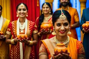 a woman in traditional indian attire holding a pot. AI-Generated photo