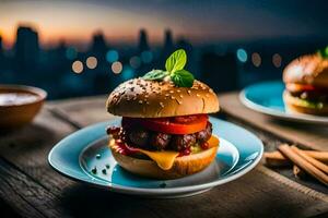 two hamburgers on plates with city lights in the background. AI-Generated photo