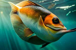 un pescado con un largo cola nadando en el agua. generado por ai foto