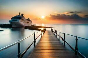 a cruise ship docked at the end of a pier. AI-Generated photo