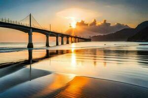 the sun sets over a bridge on the beach. AI-Generated photo