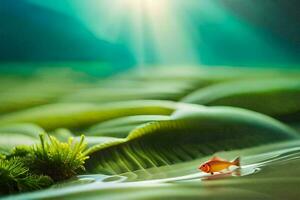a small fish swimming in a pond with green plants. AI-Generated photo