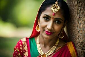 a beautiful indian woman wearing a red sari and gold jewelry. AI-Generated photo