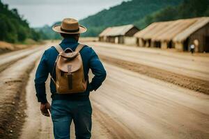 a man with a hat and backpack walking down a dirt road. AI-Generated photo