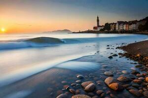 the sun rises over the sea and rocks on the shore. AI-Generated photo