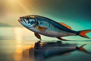 a fish is standing on the water with the sun in the background. AI-Generated photo