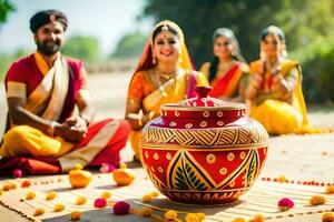 indian wedding ceremony with a pot. AI-Generated photo