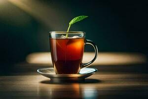a cup of tea with a leaf on top. AI-Generated photo