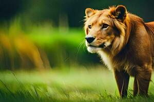 a lion standing in the grass looking at the camera. AI-Generated photo