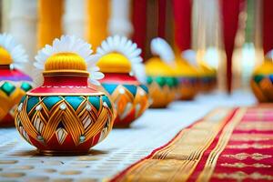 colorful vases lined up on a table with red and yellow flowers. AI-Generated photo