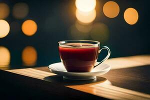 a cup of tea on a wooden table with a bokeh background. AI-Generated photo