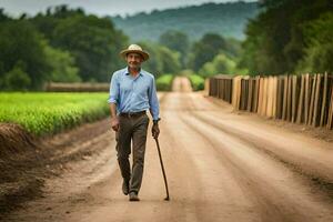 un hombre caminando abajo un suciedad la carretera con un caña. generado por ai foto