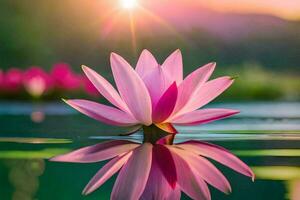 pink lotus flower in the water with the sun setting behind it. AI-Generated photo