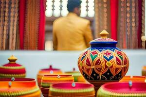 colorful vases and candles sit on a table. AI-Generated photo