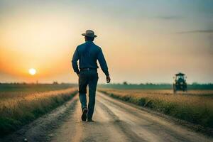 a man in a hat walking down a dirt road at sunset. AI-Generated photo