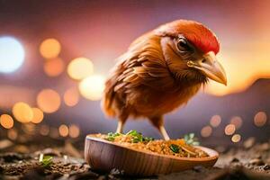 a bird is standing on a wooden bowl with food. AI-Generated photo