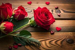 red roses on a wooden table with hearts. AI-Generated photo